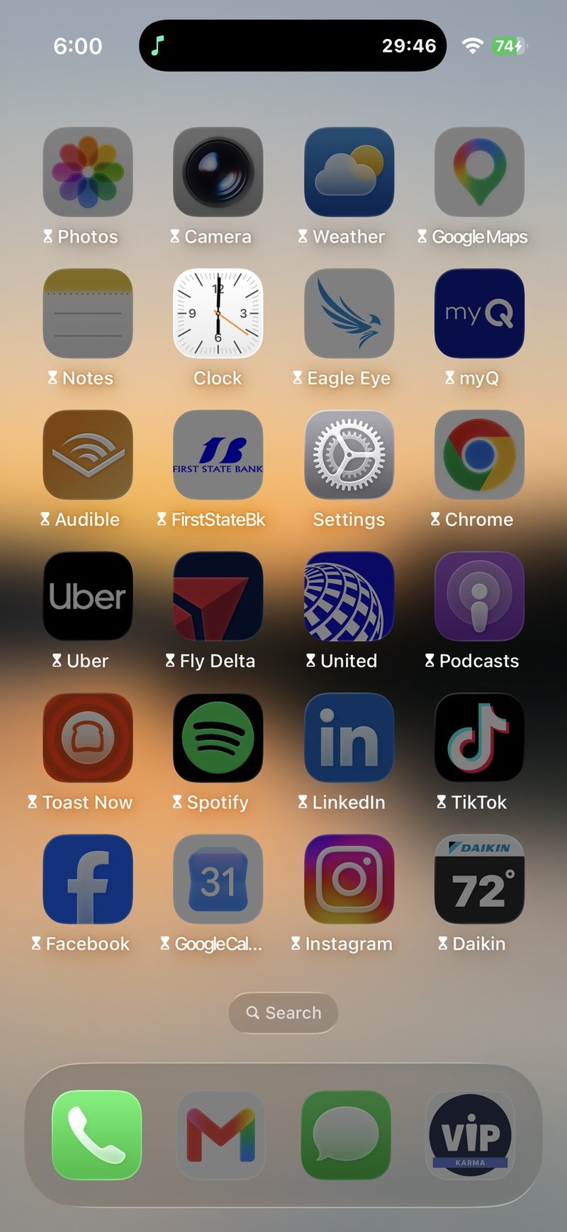 iPhone home screen with social and entertainment apps greyed out by Focus Shield while a practice session counts down