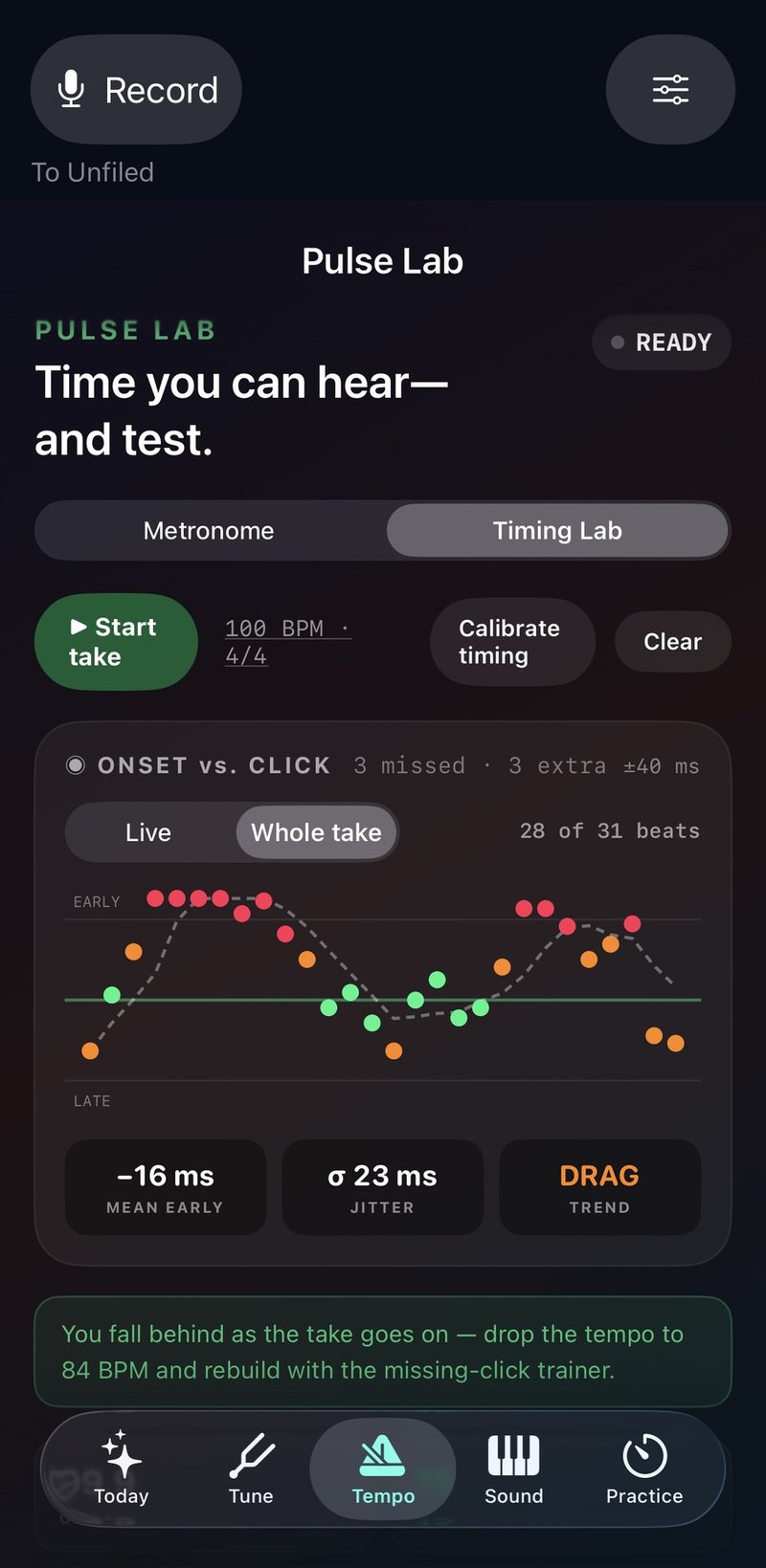 Pulse Lab timing take with onset versus click chart