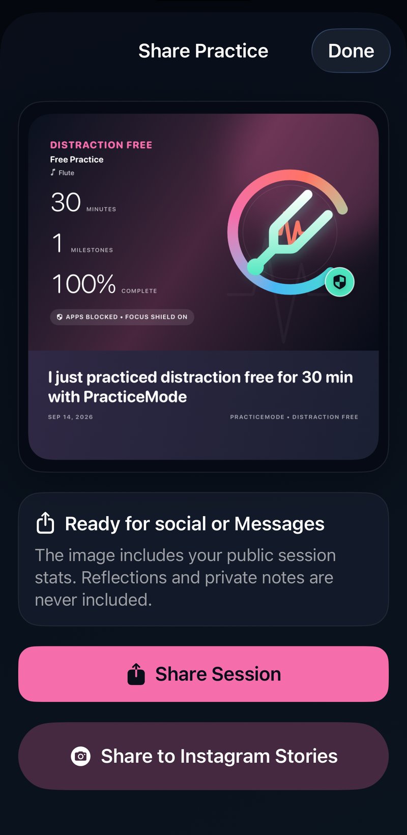 Share card reading distraction free, 30 minutes, apps blocked