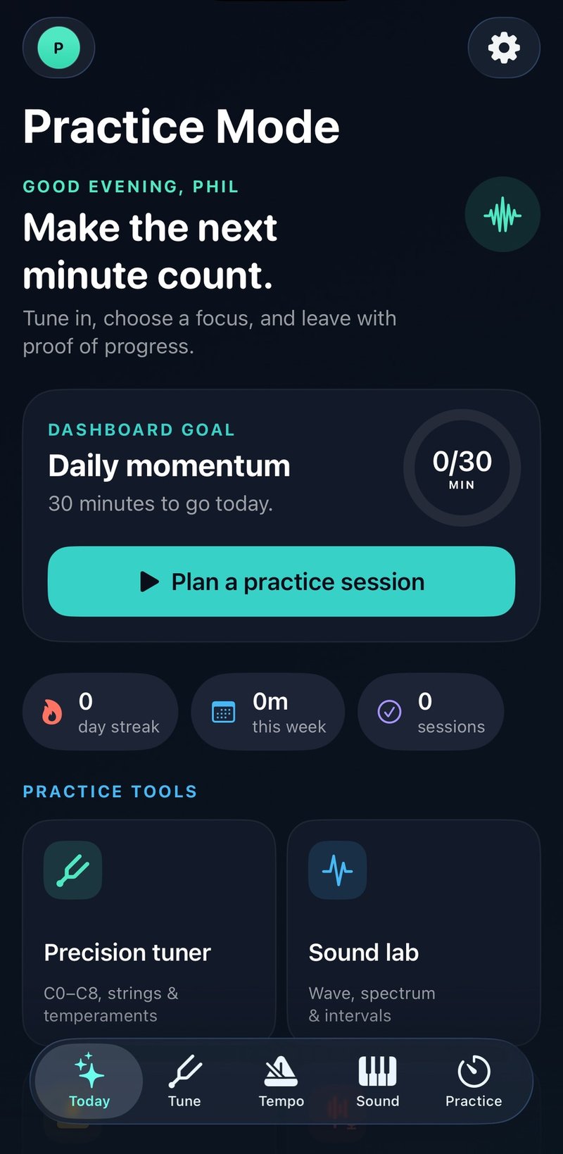 Today screen with daily goal, streak and practice tools