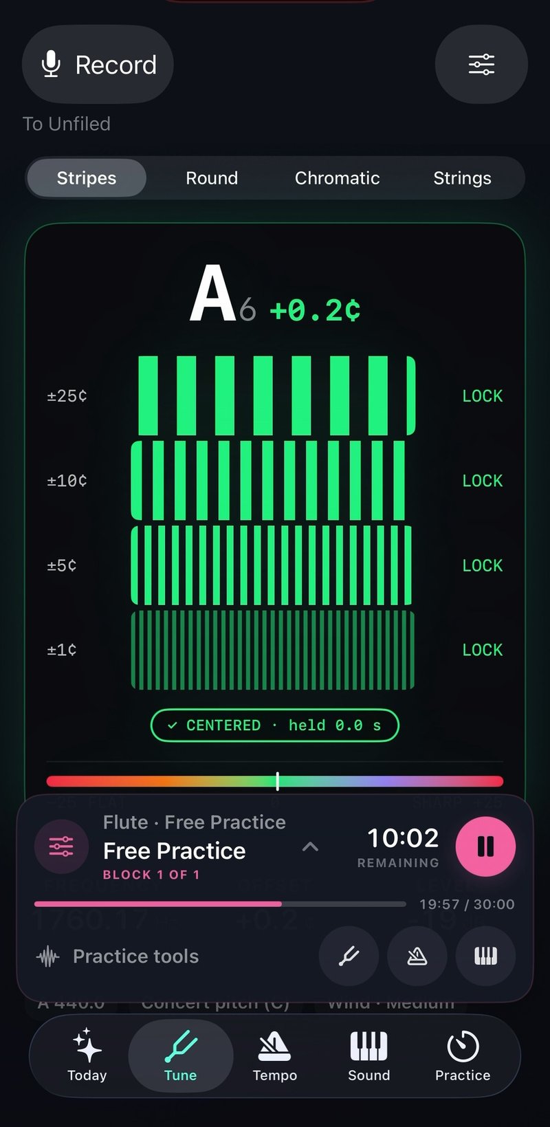 Strobe tuner with an active session bar